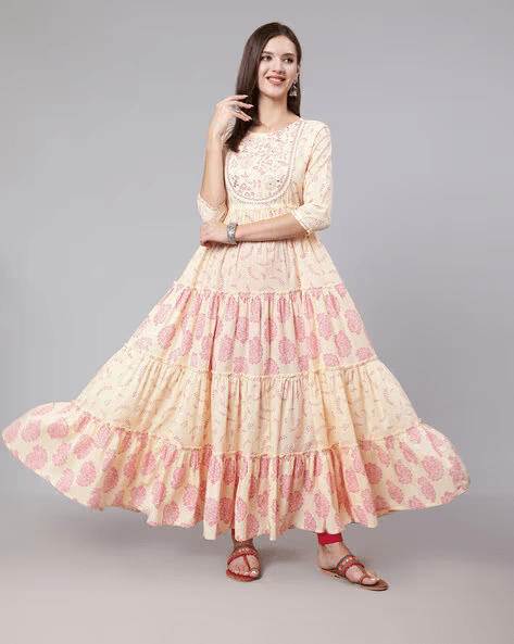 Floral Print V-Neck Straight Kurta