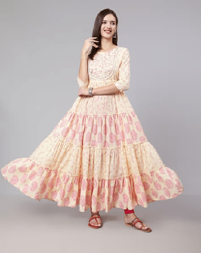 Floral Print V-Neck Straight Kurta