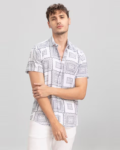 Men Block Print Slim Fit Shirt with Spread Collar